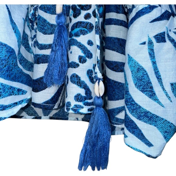 TRUE DESTINATIONS Resort Cotton CoverUp Mini Dress Seashell Tassels Blue White M - Picture 3 of 7